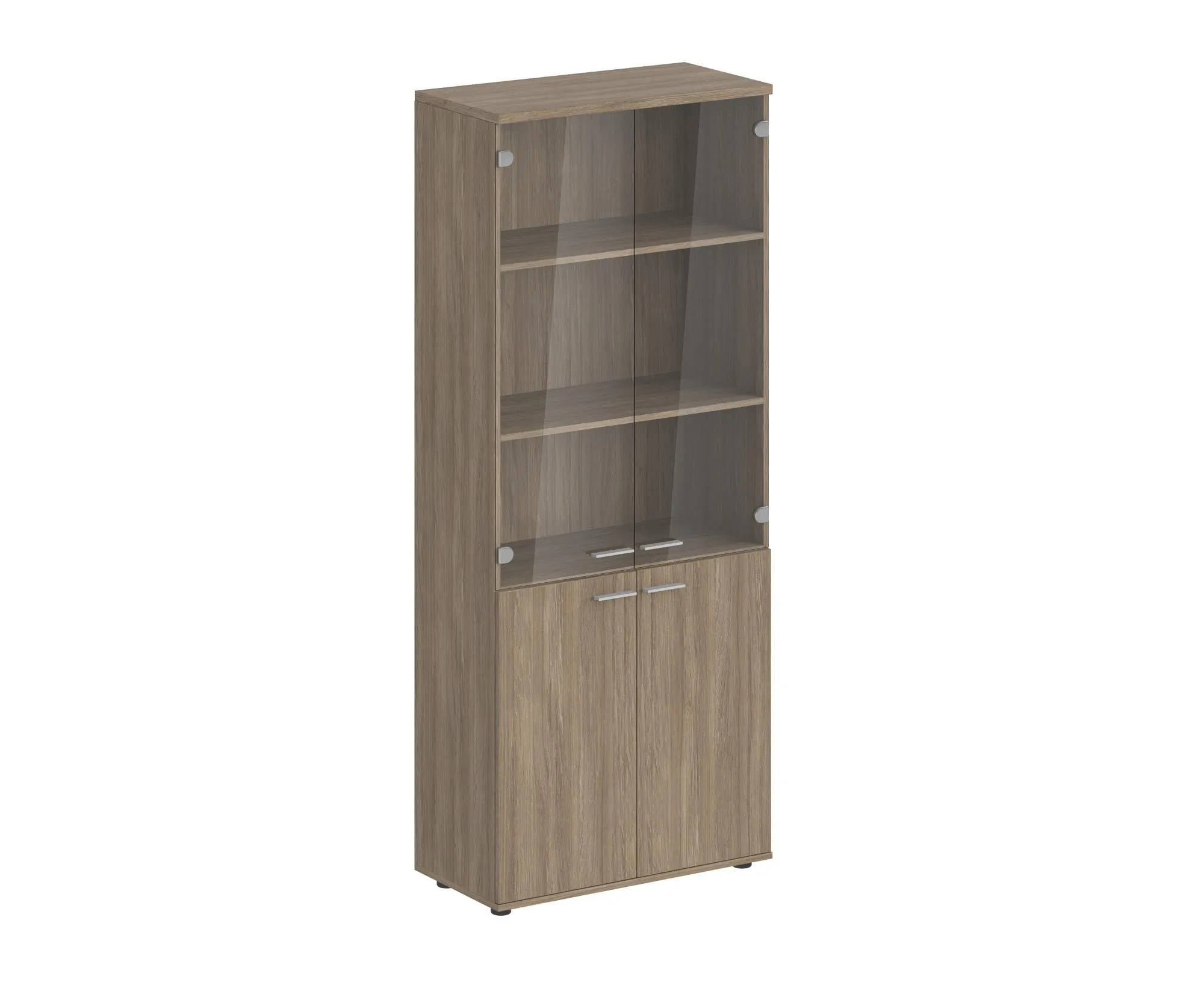 Шкаф высокий, 4-х дв., со стеклом, з.ст HDF, корпус дуб темный, фасады дуб темный, Sigma SG.801.OD.OD.GL