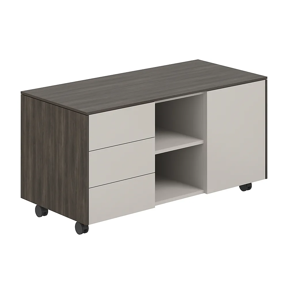 Тумба мобильная 3-х секционная, обвязка бренсон трюфель, фасады серый камень Atlas NZ-0213.BT.GS